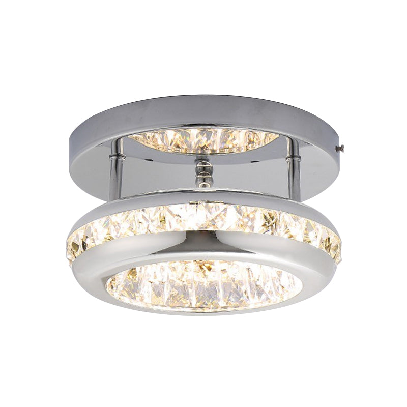 Polished Chrome Donut Mini Ceiling Lamp Simple Crystal Corridor LED Flush Mount Fixture in Warm/White Light