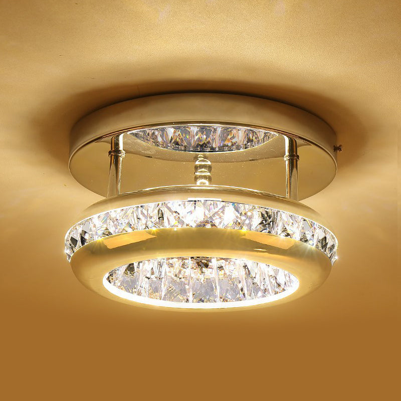 Polished Chrome Donut Mini Ceiling Lamp Simple Crystal Corridor LED Flush Mount Fixture in Warm/White Light