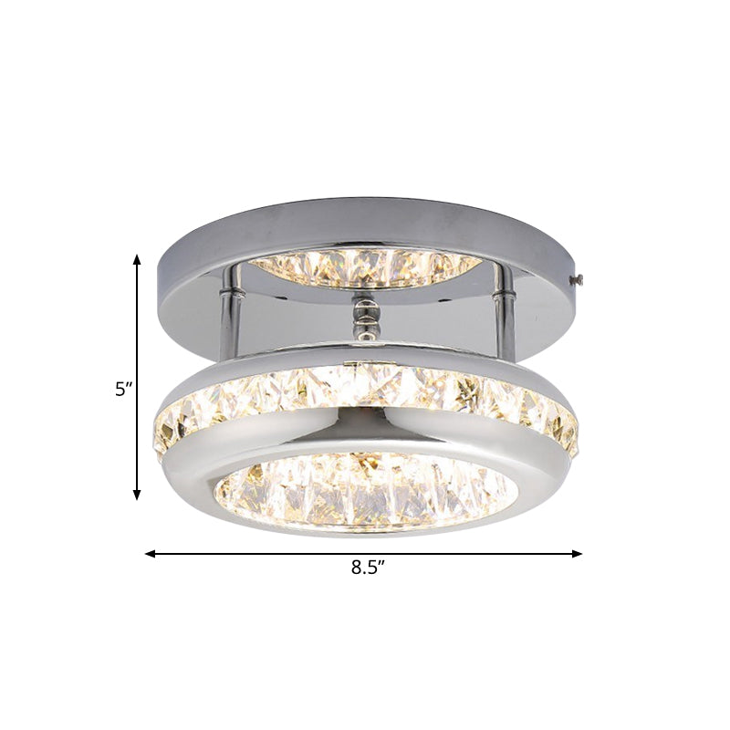 Polished Chrome Donut Mini Ceiling Lamp Simple Crystal Corridor LED Flush Mount Fixture in Warm/White Light