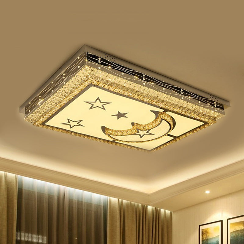 Crystal-Encrusted Chrome LED Flush Mount Crescent and Star Patterned Rectangle Modern Ceiling Light