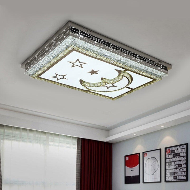 Crystal-Encrusted Chrome LED Flush Mount Crescent and Star Patterned Rectangle Modern Ceiling Light