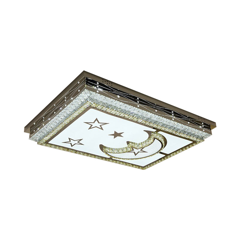 Crystal-Encrusted Chrome LED Flush Mount Crescent and Star Patterned Rectangle Modern Ceiling Light