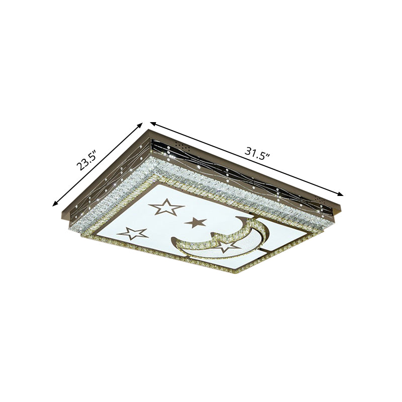 Crystal-Encrusted Chrome LED Flush Mount Crescent and Star Patterned Rectangle Modern Ceiling Light