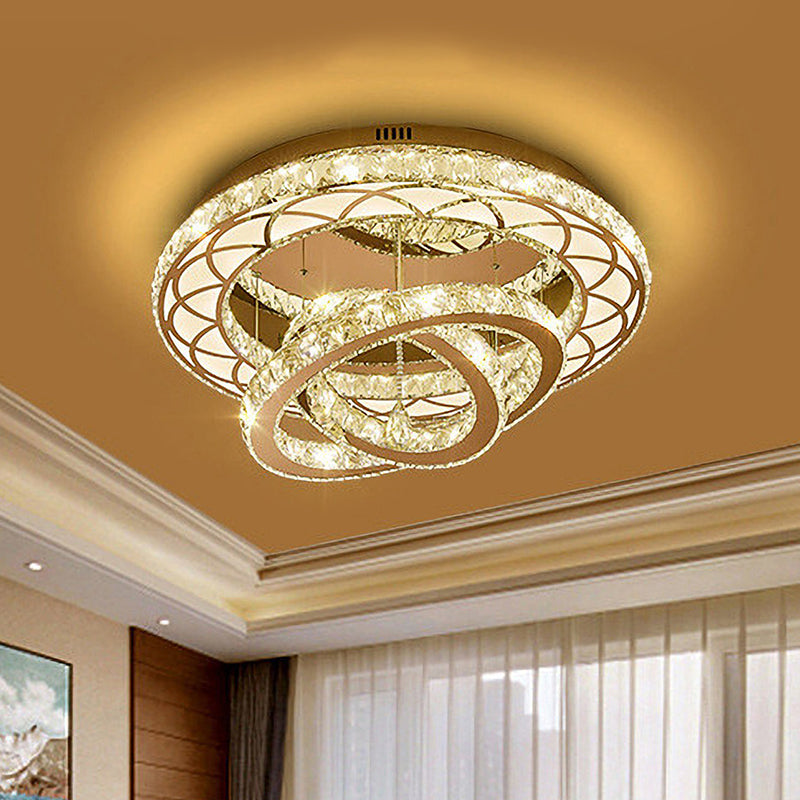 Crossed Ring LED Flush Light Fixture Modern Romantic Polished Chrome Crystal Ceiling Lamp for Lounge