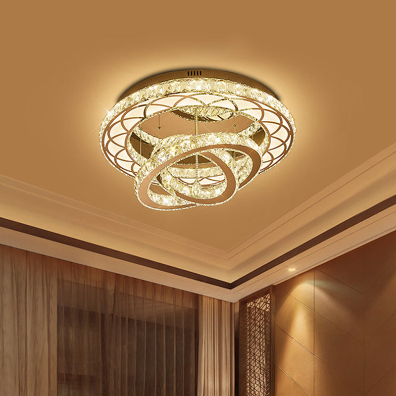 Crossed Ring LED Flush Light Fixture Modern Romantic Polished Chrome Crystal Ceiling Lamp for Lounge