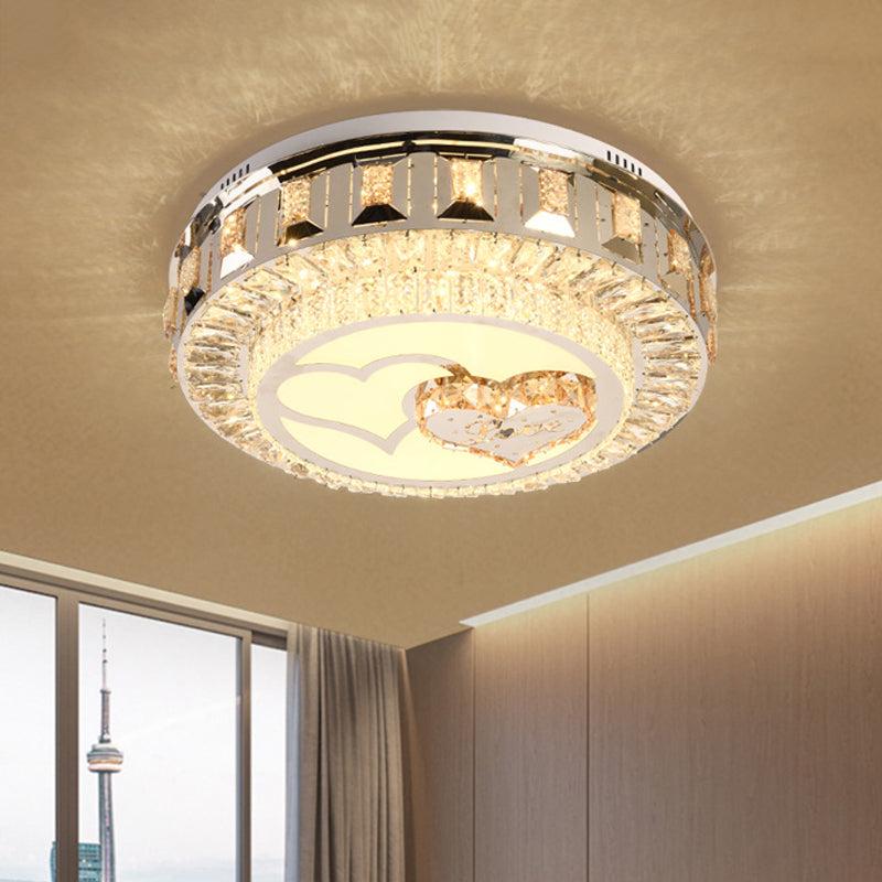 Stainless Steel Chrome LED Ceiling Flush Heart Pattern Drum Modern Flush Mount Lighting with Inserted Crystal Accent