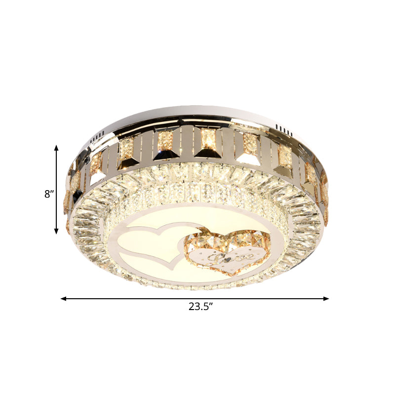 Stainless Steel Chrome LED Ceiling Flush Heart Pattern Drum Modern Flush Mount Lighting with Inserted Crystal Accent