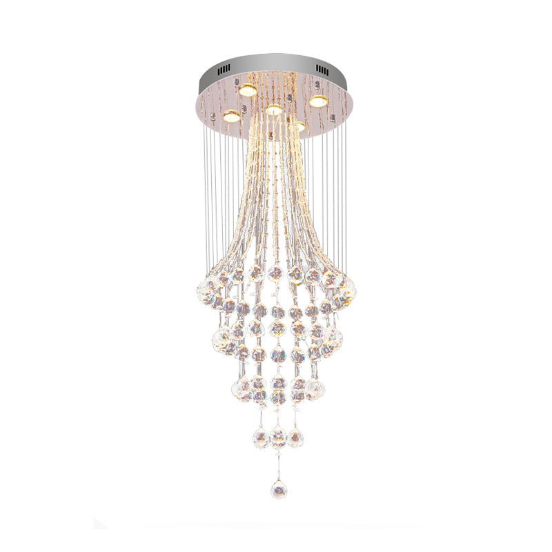 Flared Crystal Drape Ceiling Lamp Modern Stylish 5 Heads Dining Room Flush Mount Fixture in Chrome