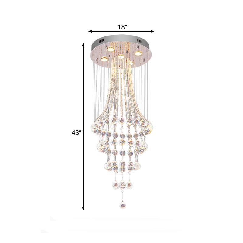 Flared Crystal Drape Ceiling Lamp Modern Stylish 5 Heads Dining Room Flush Mount Fixture in Chrome