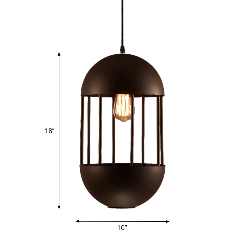 Black Oval Cage Pendant Lamp Industrial Metal 1 Bulb Dining Room Hanging Light Kit