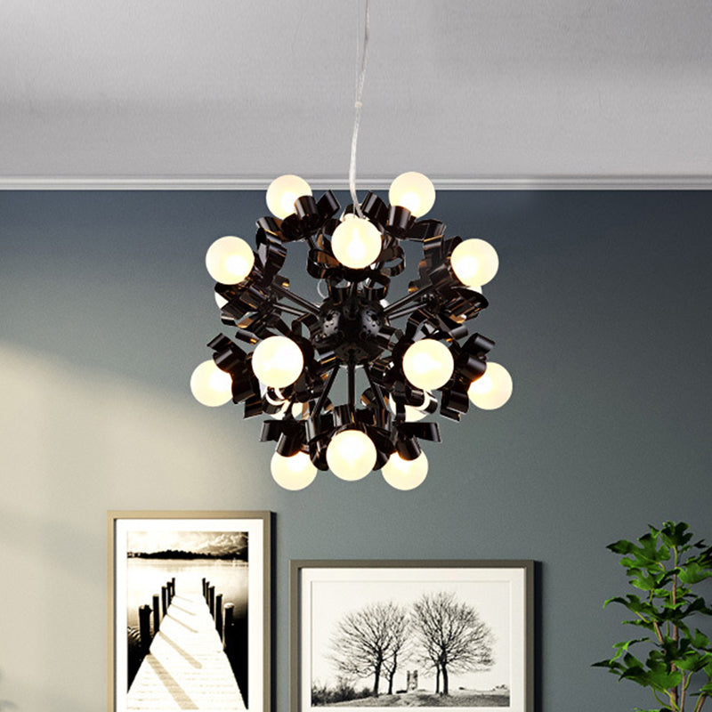 Black Starburst Chandelier Loft Style Metal 18 Heads Bedroom Ceiling Pendant with Ball Frosted Glass Shade