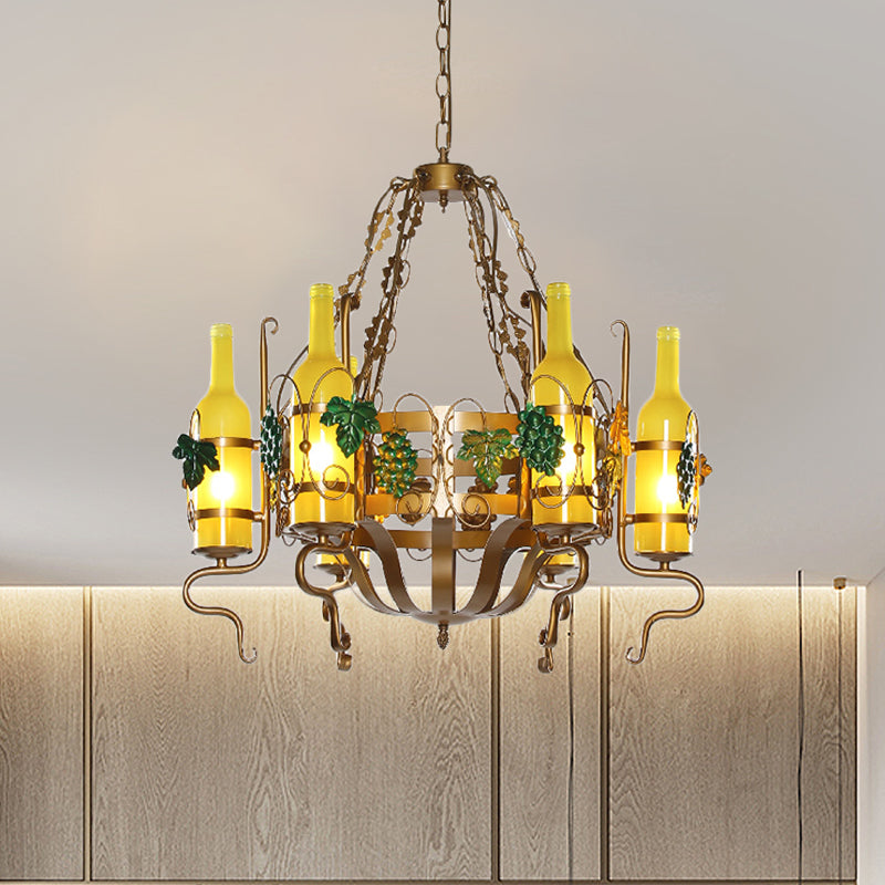 Wine Bottle Bistro Chandelier Light Industrial Yellow Glass 6-Light Antiqued Brass Pendant Lighting Fixture