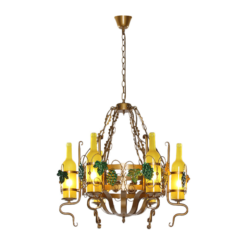 Wine Bottle Bistro Chandelier Light Industrial Yellow Glass 6-Light Antiqued Brass Pendant Lighting Fixture