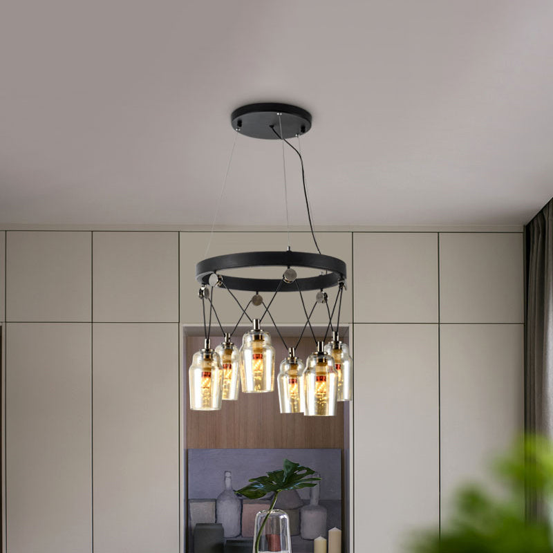 6-Light Cocktail Shaker Chandelier Loft Black Clear Glass Suspension Pendant Light