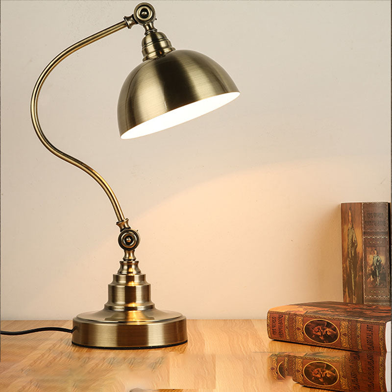 Metal Antique Gold Night Lamp Bowl Shade 1 Bulb Vintage Table Light with Adjustable Joint and Curved Arm