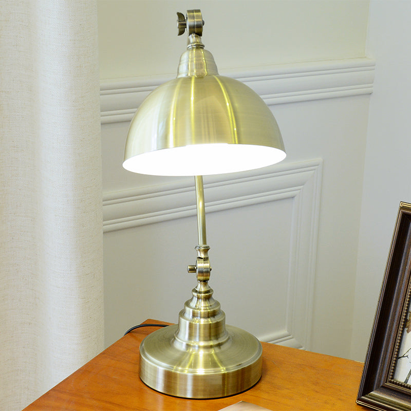 Metal Antique Gold Night Lamp Bowl Shade 1 Bulb Vintage Table Light with Adjustable Joint and Curved Arm