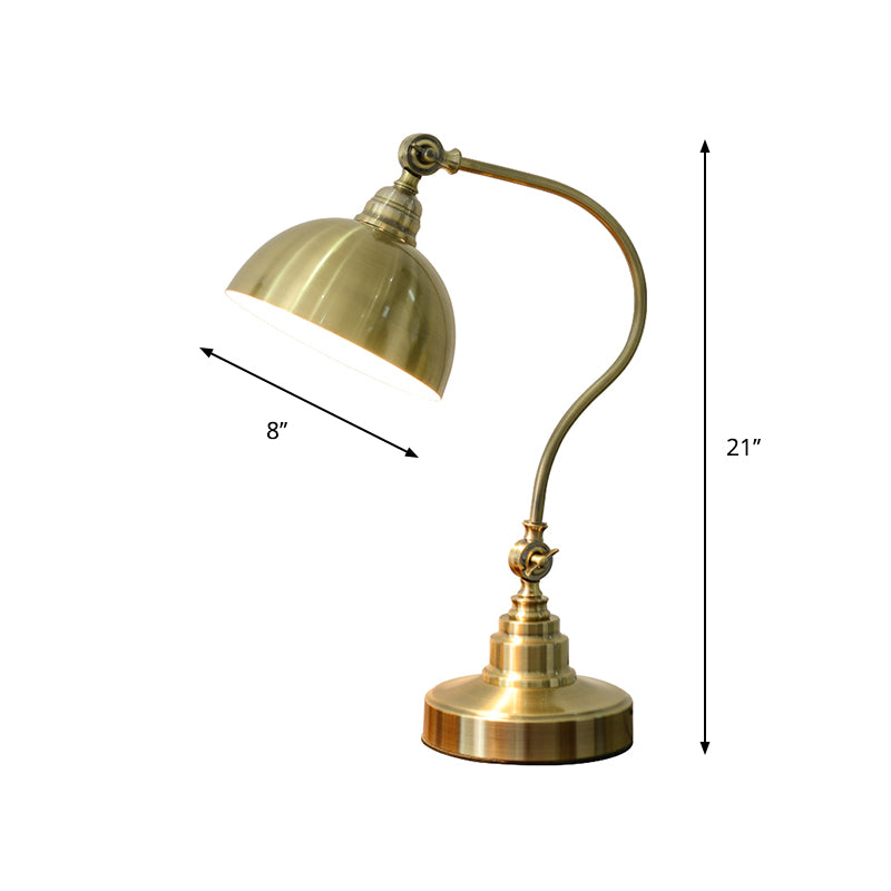 Metal Antique Gold Night Lamp Bowl Shade 1 Bulb Vintage Table Light with Adjustable Joint and Curved Arm