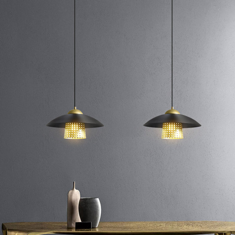 2-Light Saucer Cluster Pendant Farmhouse Black/White/Gold Metallic Suspension Lamp with Pierced Bell Insert