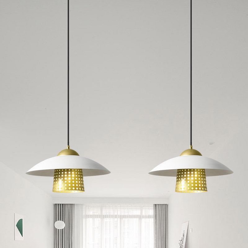 2-Light Saucer Cluster Pendant Farmhouse Black/White/Gold Metallic Suspension Lamp with Pierced Bell Insert