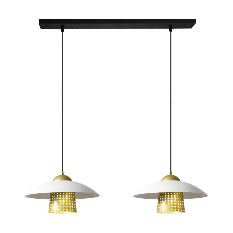 2-Light Saucer Cluster Pendant Farmhouse Black/White/Gold Metallic Suspension Lamp with Pierced Bell Insert