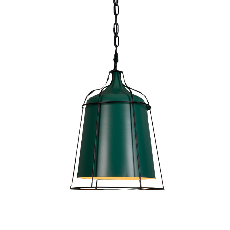 Dark Green 1 Bulb Hanging Pendant Industrial-Style Aluminum Tapered Suspension Lighting with Wire Cage