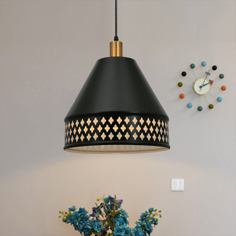 Industrial Taper Ceiling Pendant Lamp Single Bulb Iron Hanging Light Kit with Cutouts Edge in Black