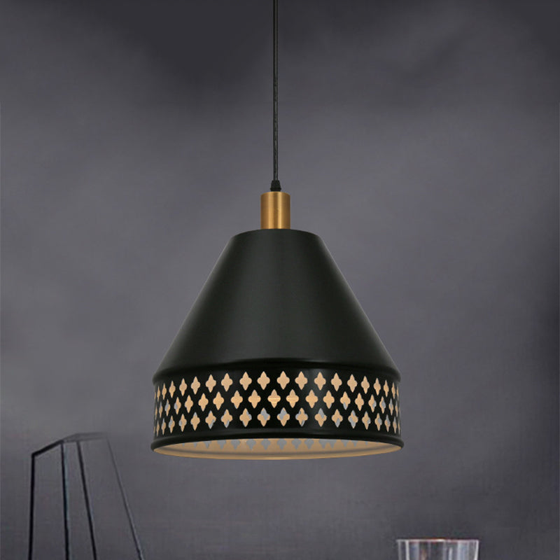 Industrial Taper Ceiling Pendant Lamp Single Bulb Iron Hanging Light Kit with Cutouts Edge in Black