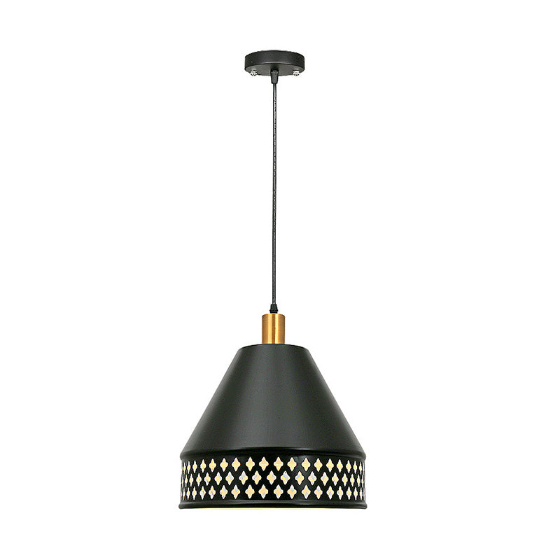 Industrial Taper Ceiling Pendant Lamp Single Bulb Iron Hanging Light Kit with Cutouts Edge in Black