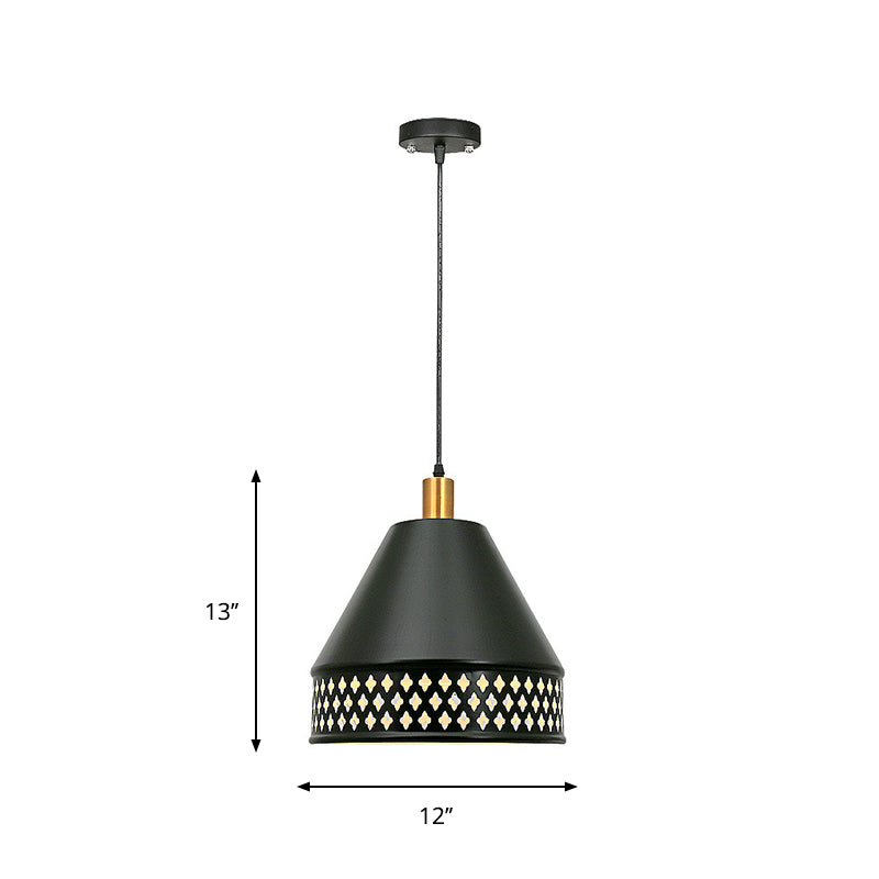 Industrial Taper Ceiling Pendant Lamp Single Bulb Iron Hanging Light Kit with Cutouts Edge in Black