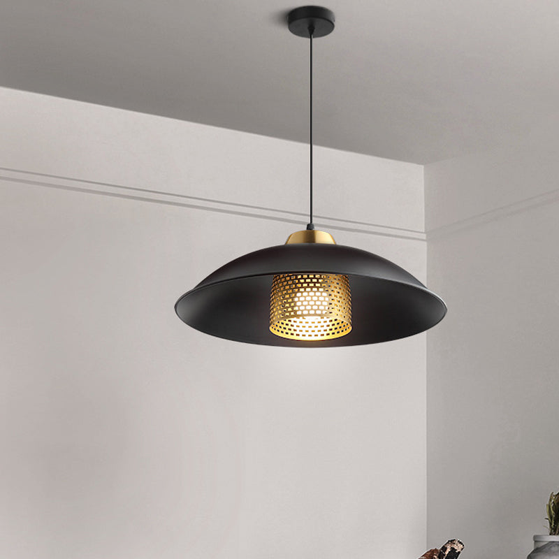 1 Head Shallow Bowl Pendant Factory Style Black Iron Ceiling Hanging Light with Brass Mesh Screen Inside