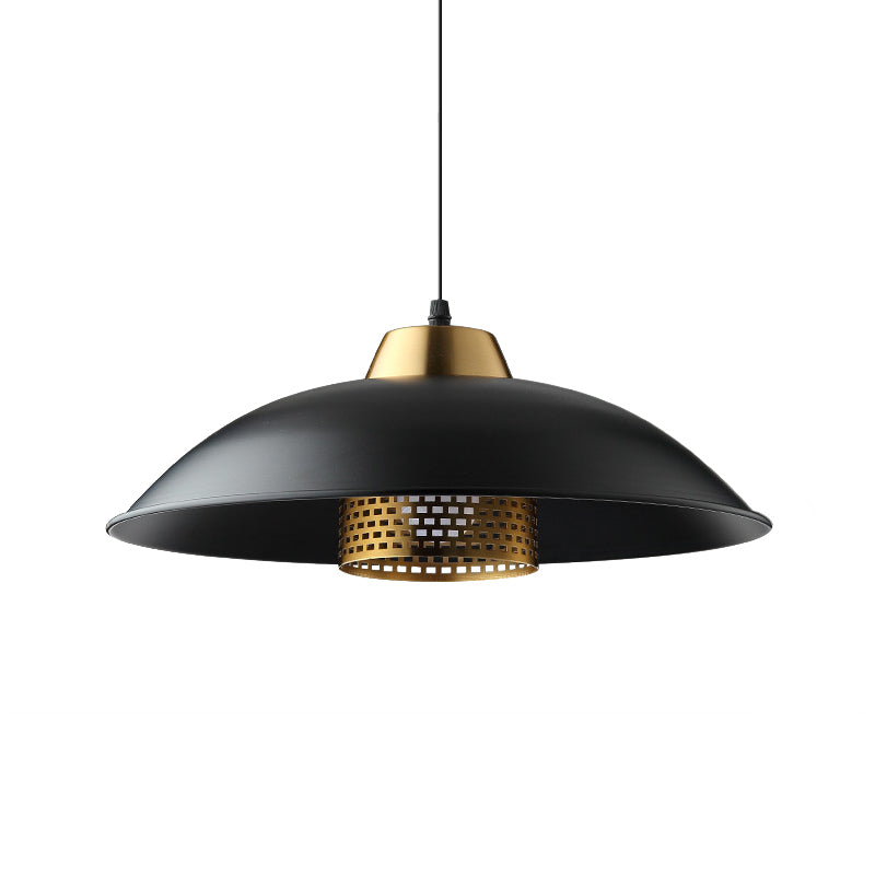 1 Head Shallow Bowl Pendant Factory Style Black Iron Ceiling Hanging Light with Brass Mesh Screen Inside