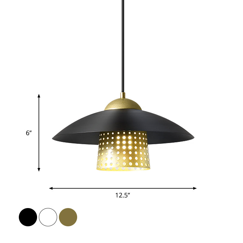 1-Light Commercial Pendant Lighting Retro Mesh Cloche Metal Hanging Lamp with Saucer Cap in Black/White/Gold