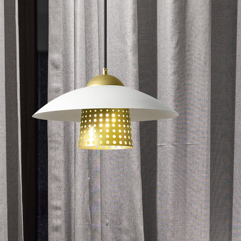 1-Light Commercial Pendant Lighting Retro Mesh Cloche Metal Hanging Lamp with Saucer Cap in Black/White/Gold