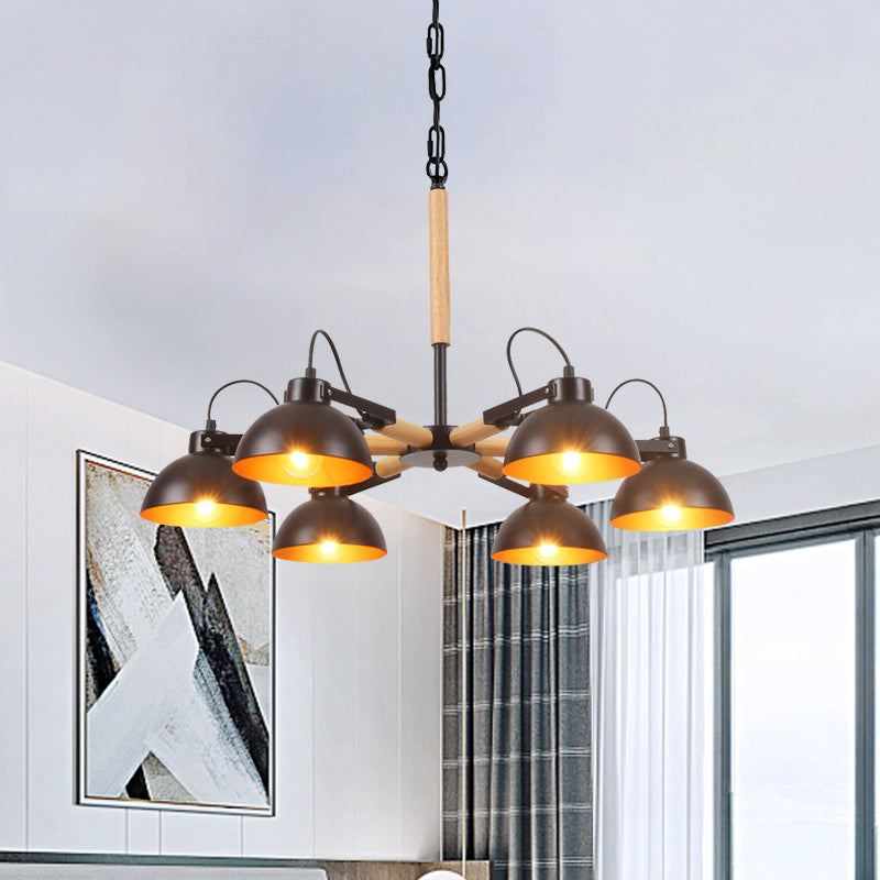 Iron Black and Gold Inner Chandelier Rotatable Bowl Shade 3/5/6 Heads Factory Ceiling Suspension Lamp with Wood Arm