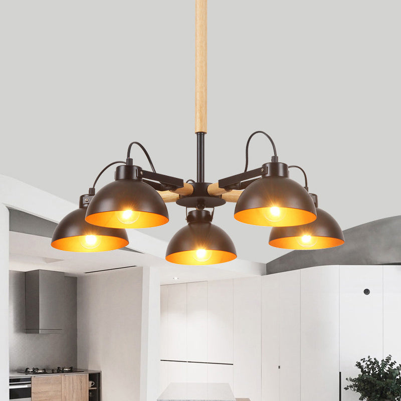 Iron Black and Gold Inner Chandelier Rotatable Bowl Shade 3/5/6 Heads Factory Ceiling Suspension Lamp with Wood Arm