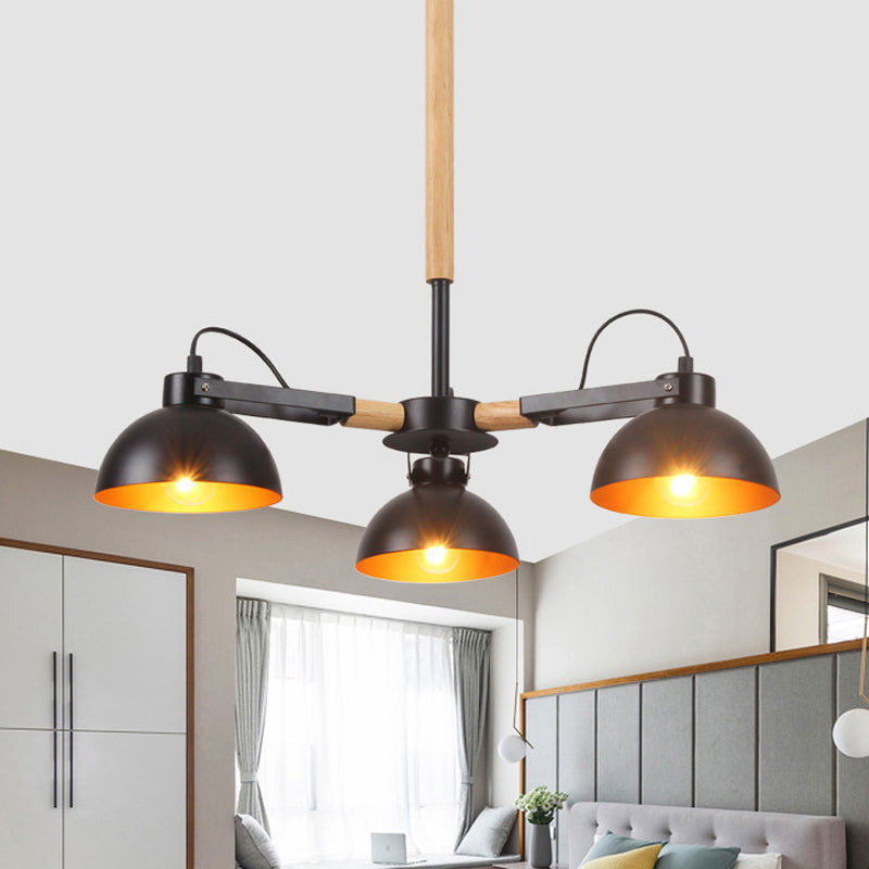 Iron Black and Gold Inner Chandelier Rotatable Bowl Shade 3/5/6 Heads Factory Ceiling Suspension Lamp with Wood Arm