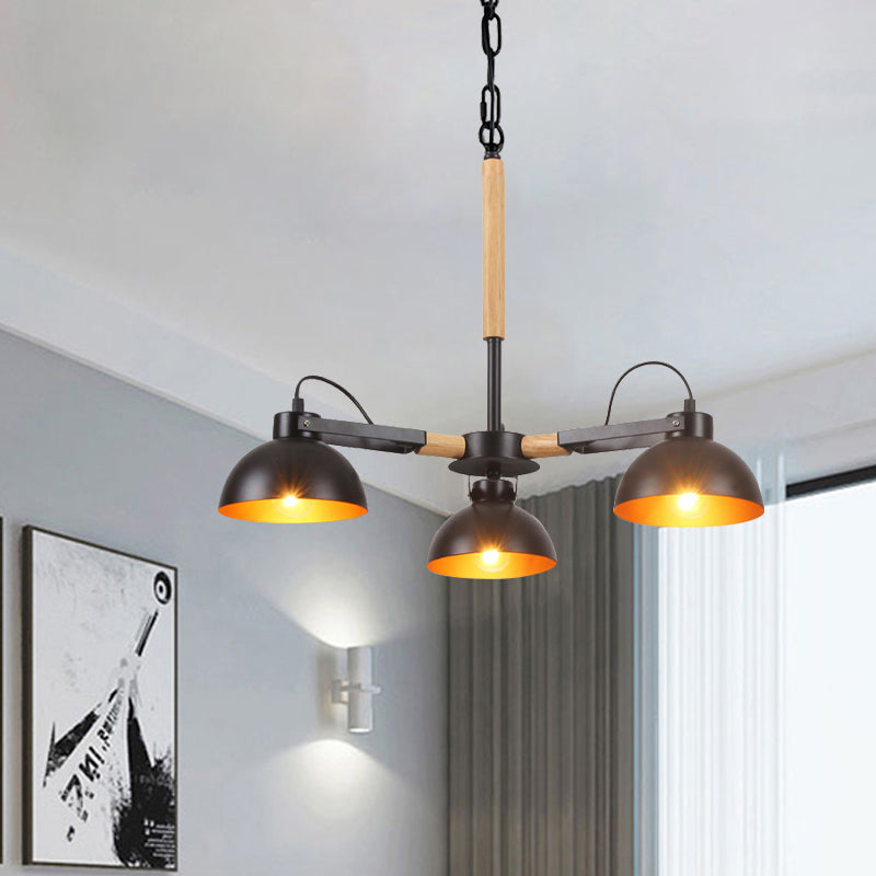 Iron Black and Gold Inner Chandelier Rotatable Bowl Shade 3/5/6 Heads Factory Ceiling Suspension Lamp with Wood Arm