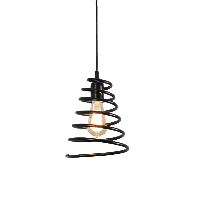 Warehouse Coiled Cone Pendulum Light 1 Bulb Iron Commercial Lighting Pendant in Black