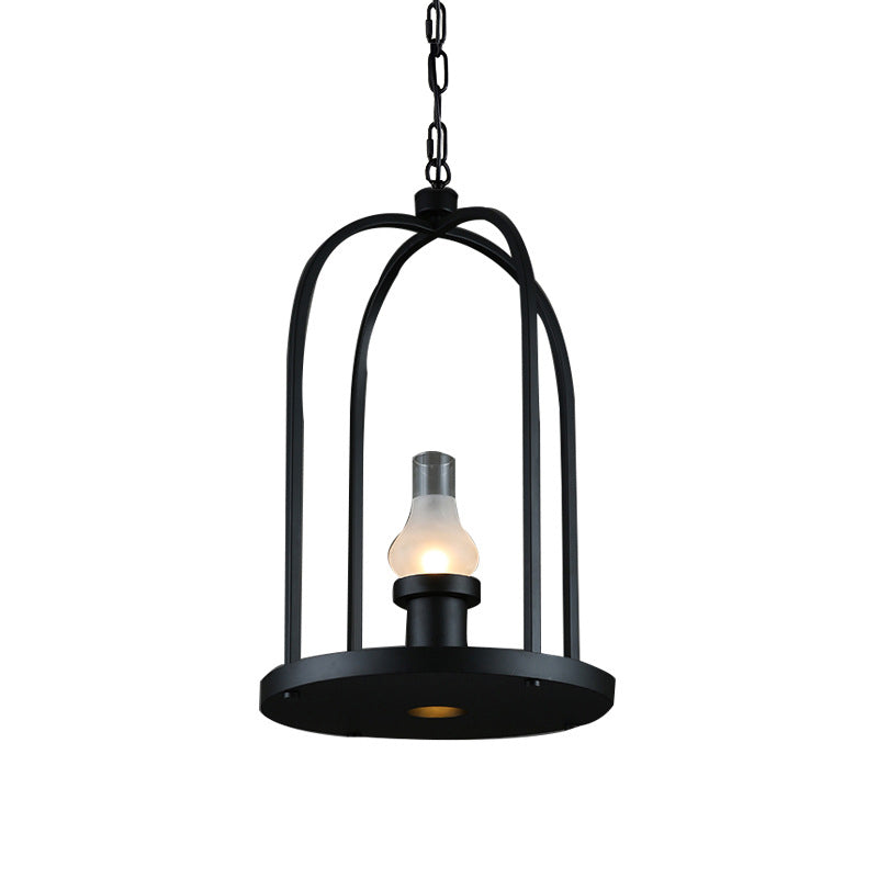 Bulb-Shape Frosted Glass Hanging Pendant Factory Style 1 Bulb Country Club Suspension Lamp with Birdcage Frame in Black