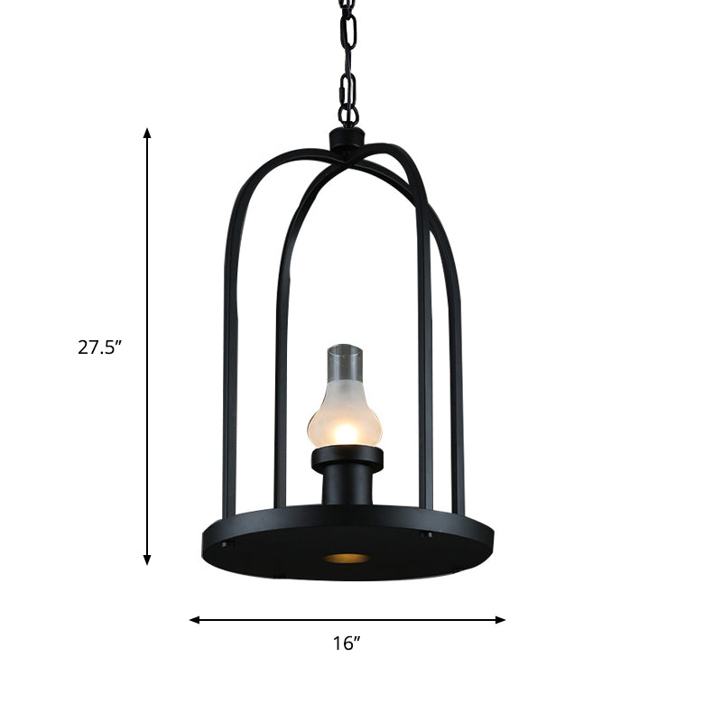 Bulb-Shape Frosted Glass Hanging Pendant Factory Style 1 Bulb Country Club Suspension Lamp with Birdcage Frame in Black