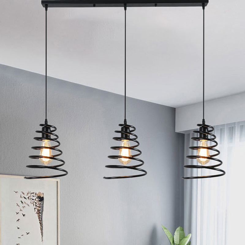 3 Heads Multi Light Pendant Loft Conical Spring Iron Hanging Ceiling Light in Black with Round/Linear Canopy