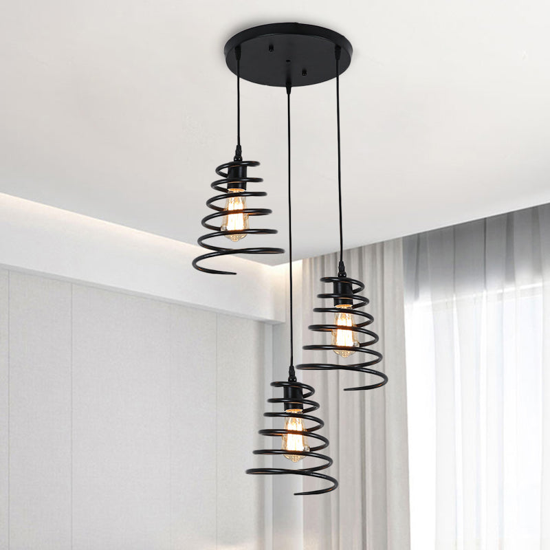 3 Heads Multi Light Pendant Loft Conical Spring Iron Hanging Ceiling Light in Black with Round/Linear Canopy