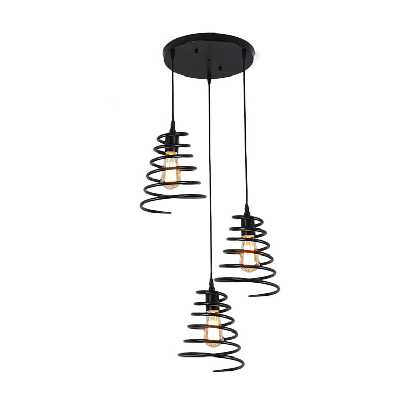 3 Heads Multi Light Pendant Loft Conical Spring Iron Hanging Ceiling Light in Black with Round/Linear Canopy