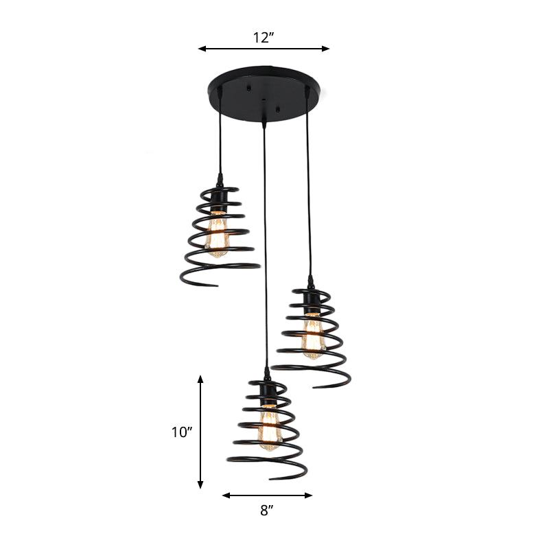 3 têtes Multi Light Pendant Loft Conical Spring Fer Plafonnage plafond plafond en noir avec canopée ronde / linéaire