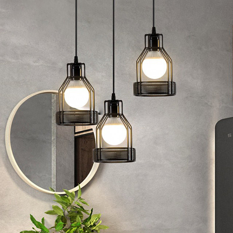 Iron Bottle Frame Cluster Pendant Industrial 3 Bulbs Dining Table Suspension Lighting with Mesh Bottom in Black