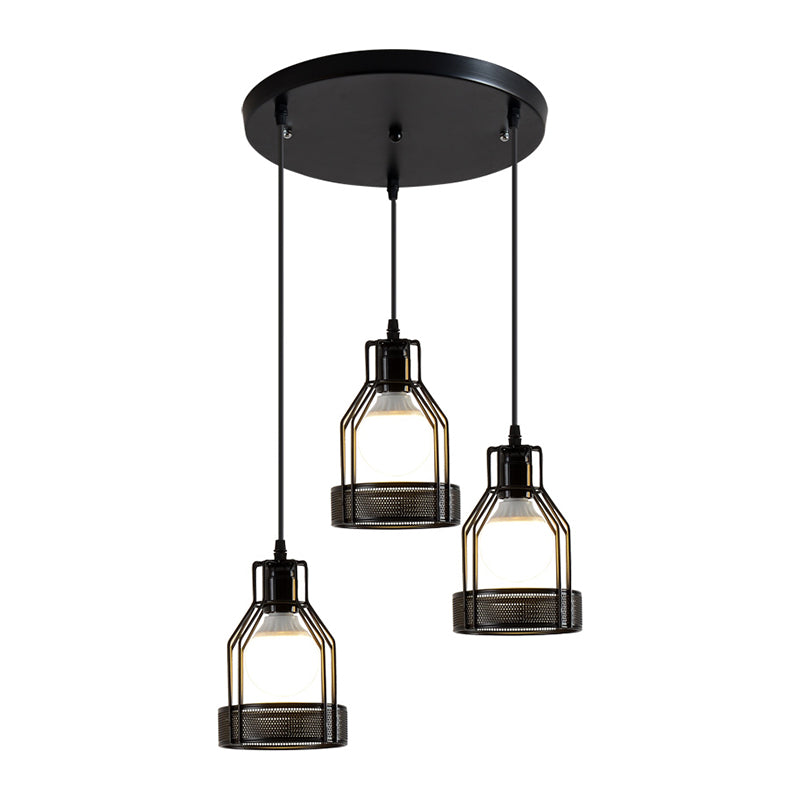 IJzeren flesframe cluster hanger industriële 3 bollen eettafel suspensie verlichting met gaasbodem in zwart