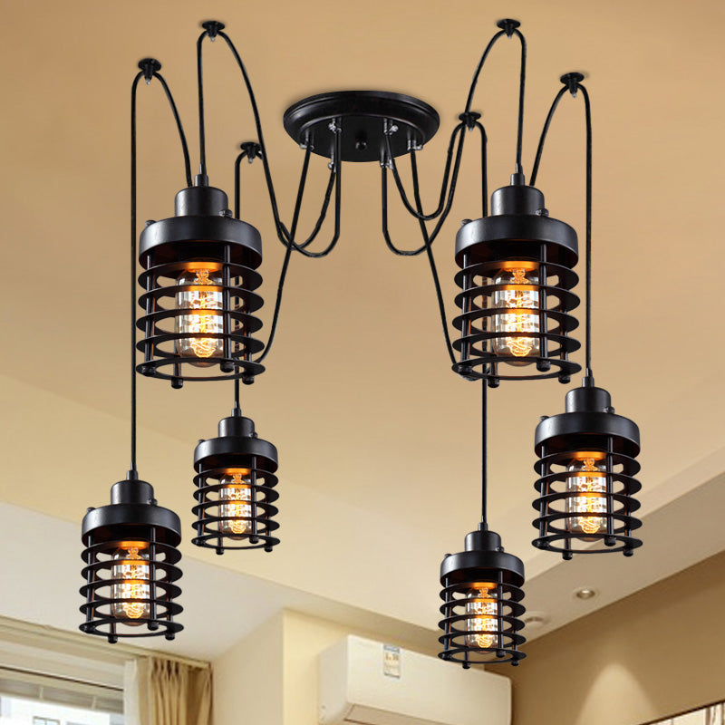 Factory Lantern Swag hanglamp 6 koppen metaal multi -hangend licht in zwart voor woonkamer