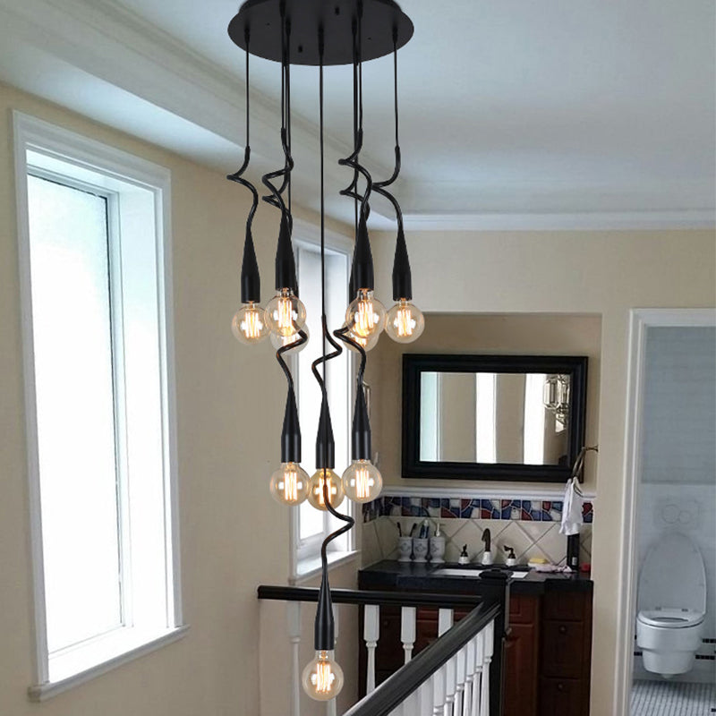 3/10-Head Cascading Hanging Lamp Industrial Style Black Iron Multi Light Pendant with Open Bulb Design