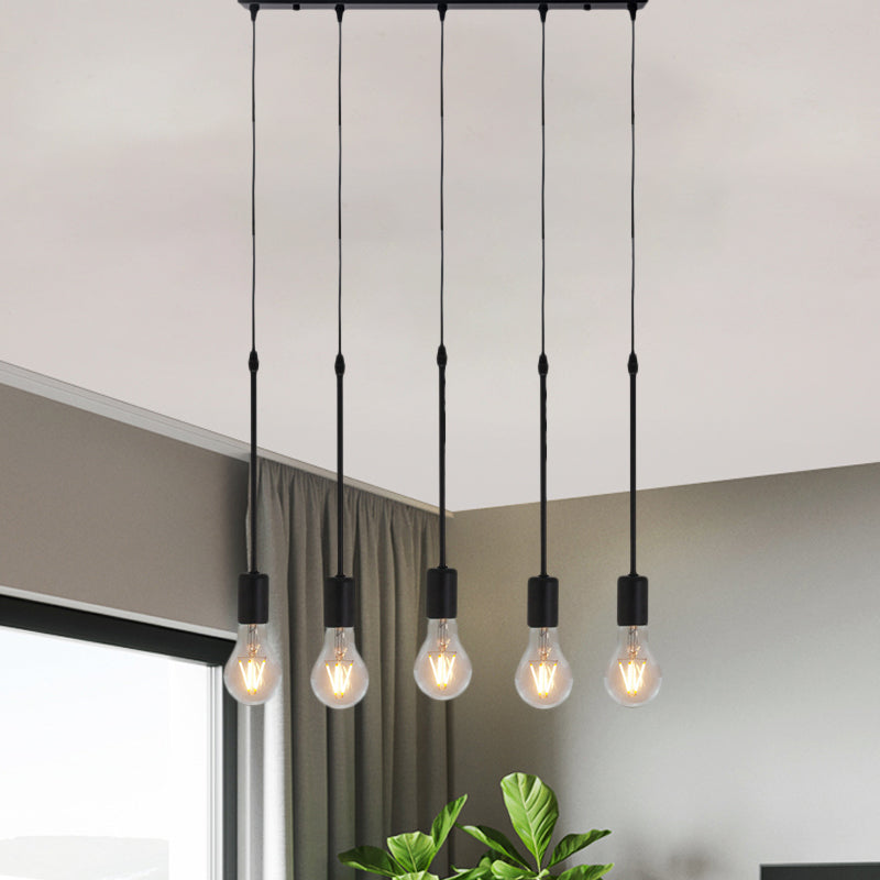 Metal Black Multi Hanging Light Draping Bare Bulb 3/5/10-Light Warehouse Ceiling Pendant Lamp with Round/Linear Canopy