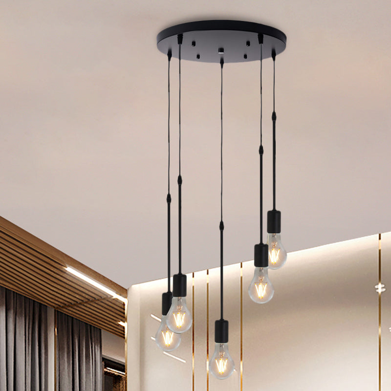 Metal Black Multi Hanging Light Draping Bare Bulb 3/5/10-Light Warehouse Ceiling Pendant Lamp with Round/Linear Canopy